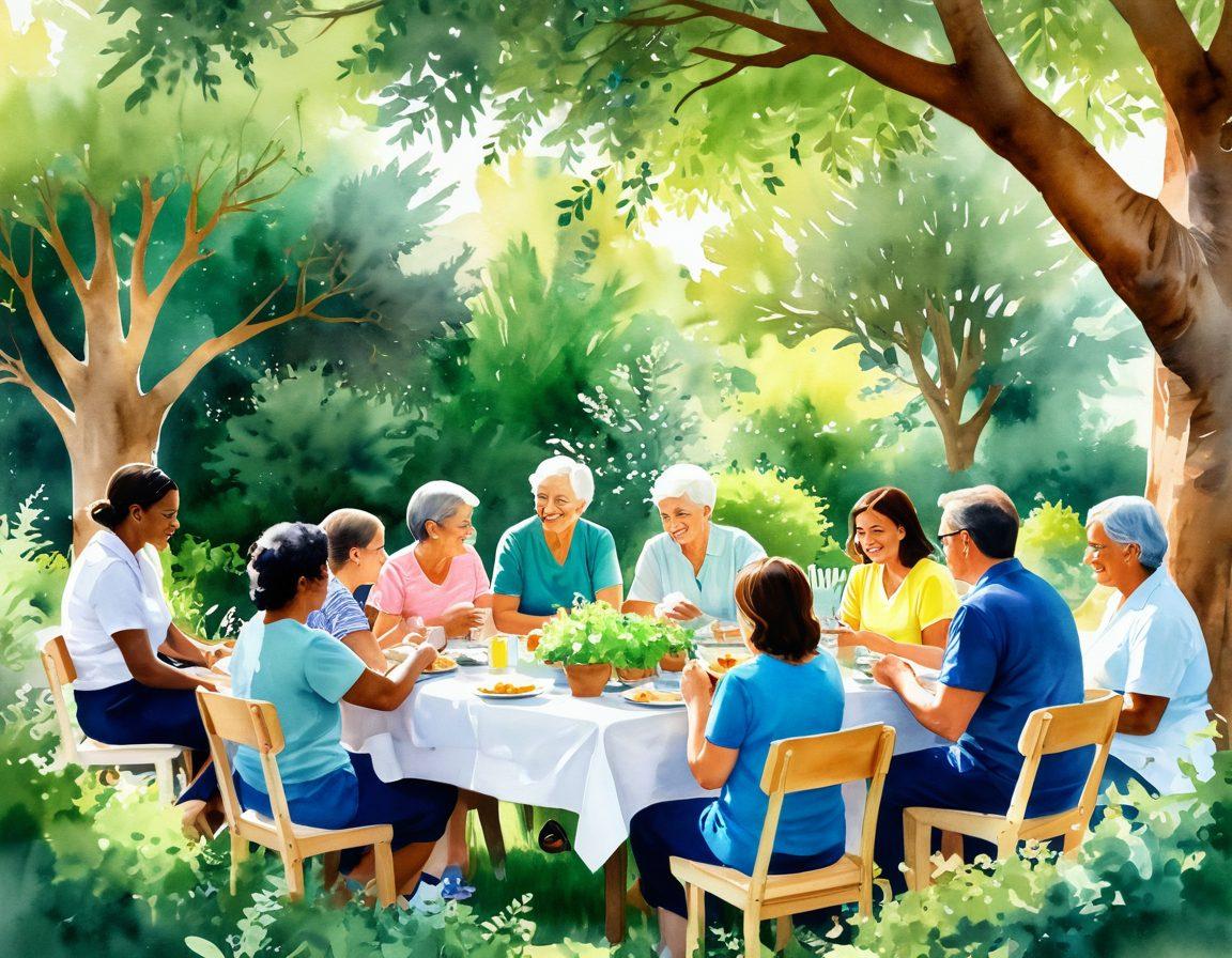 A warm and inviting community scene showcasing diverse caregivers of all ages engaging with various individuals in need of support, displaying acts of compassion like sharing meals, offering hugs, and reading stories together. Surrounding them are lush green gardens symbolizing growth and connections, with soft light filtering through the trees. Heart-shaped elements subtly integrated to emphasize love and care. watercolor style. warm colors. natural settings.