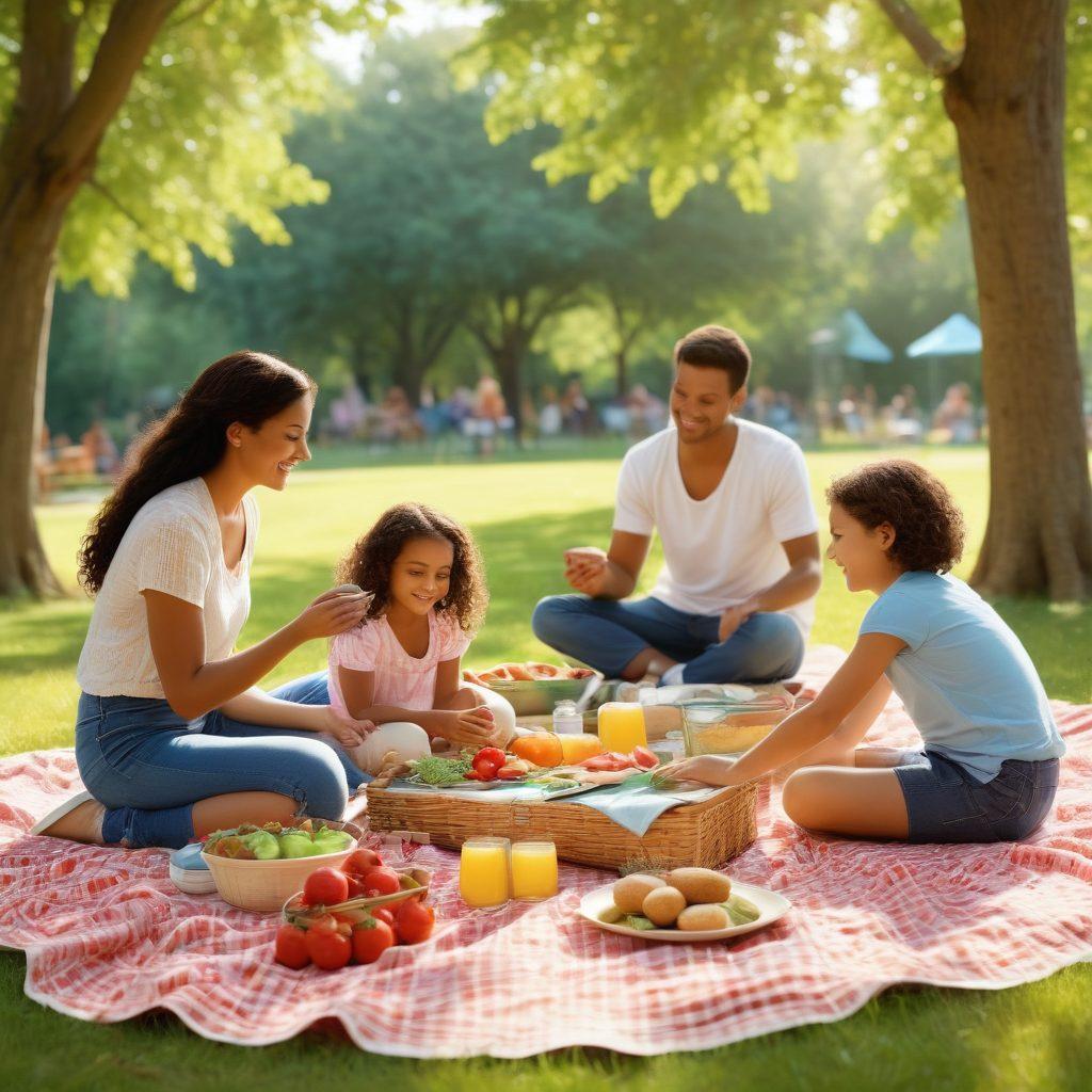 A warm, welcoming family scene in a sunny park, showcasing diverse families engaged in nurturing activities such as cooking together, playing games, and sharing stories. Include elements symbolizing community, like a picnic blanket with healthy food and children crafting on a table. Soft, natural colors to evoke a sense of peace and togetherness. super-realistic. vibrant colors. warm lighting.
