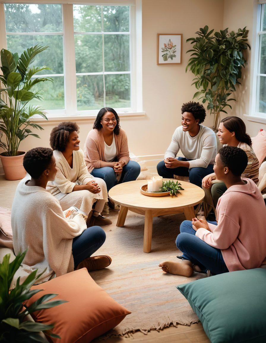 A warm, inviting scene depicting a diverse group of individuals in a cozy community center, engaging in a supportive circle, sharing stories with smiles and tears. Soft lighting enhances the feeling of warmth, surrounded by plants and comfort items like blankets and cushions, symbolizing emotional wellbeing. Gentle colors like pastels create a serene atmosphere. super-realistic. vibrant colors. cozy setting.